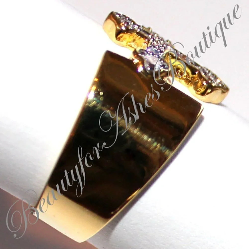 Divine Christian Open Band Cz Clear Yellow Gold Plated Cross Brass Ring